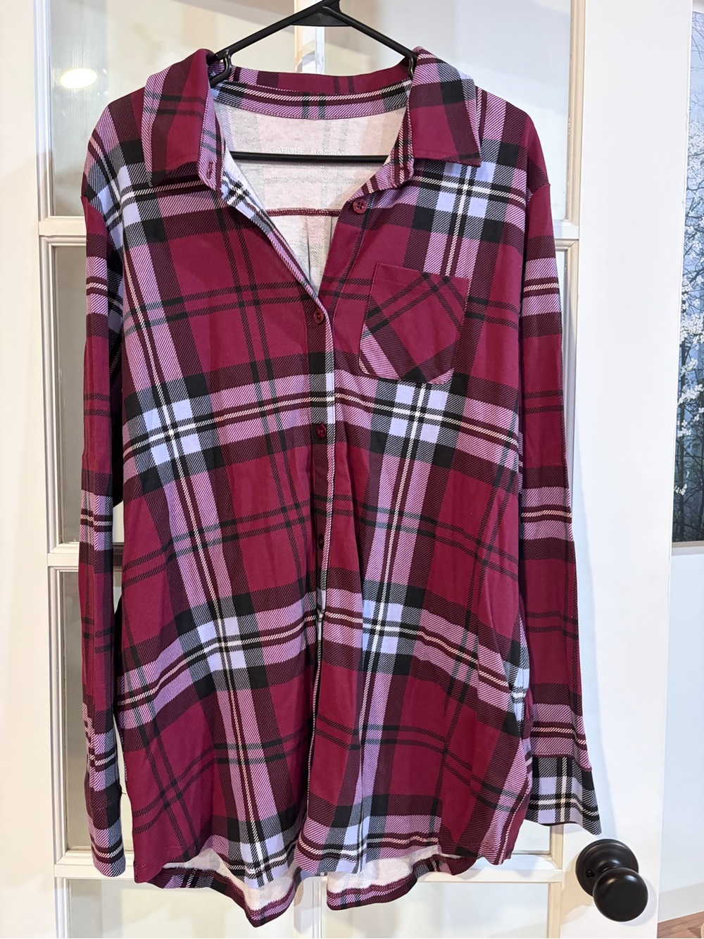 Women’s Burgundy Plaid Tunic Top XL Button Front Long Sleeve Pocket Cozy